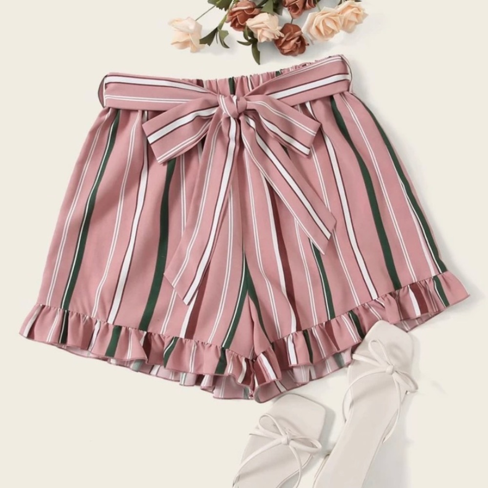 SHEIN self belted ruffle hem stripped shorts